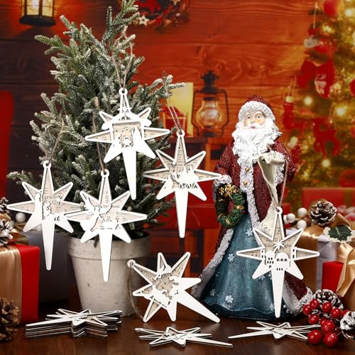 Shellwei 24 Pcs Christmas Wooden Nativity Ornaments Set Bulk Gift - style: Bethlehem