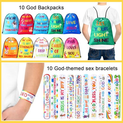 Frienda 20 Pcs Christian Party Favors Includes 10 Bible Verse Drawstring Backpack Bags and 10 Religious Slap Bracelets for VBS Birthday Gifts Church Sunday School Prizes Supplies(Stylish) - style: Stylish