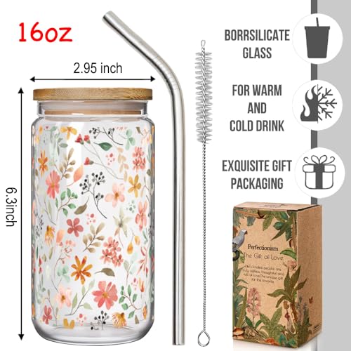 Floral Iced Glass Cups with Bamboo Lids and Straws 16oz Wildflower Coffee Cup Gift for Women Cute Flower Drinking Glass with Cleaning Brushes, Flower Gifts for Mother 's Day Birthday Bridesmaid Party