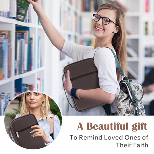Small Bible Cover Case for Women and Men, 9x6 PU Leather Bible Sleeve, Compact Travel Bible Carrier Bag with Front Pen Holders, Zipper Closure, Inner Pockets - Coffee Brown - color: Coffee Brown, size: 9''x6.5''
