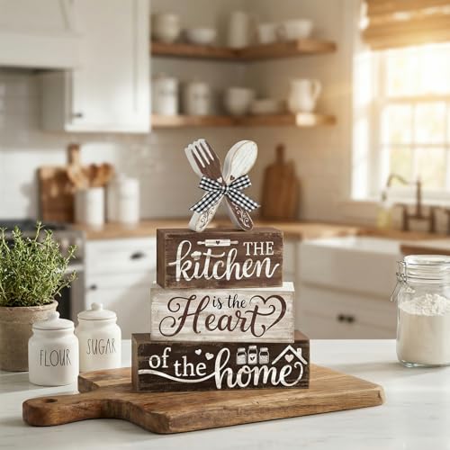 Britimes Tiered Tray Decor Set, 4 Pack, Wooden Table Sign, Farmhouse Heart - style: Kitchen
