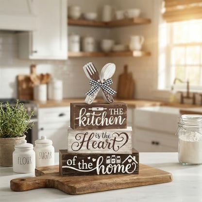 Britimes Tiered Tray Decor Set, 4 Pack, Wooden Table Sign, Farmhouse Heart - style: Kitchen
