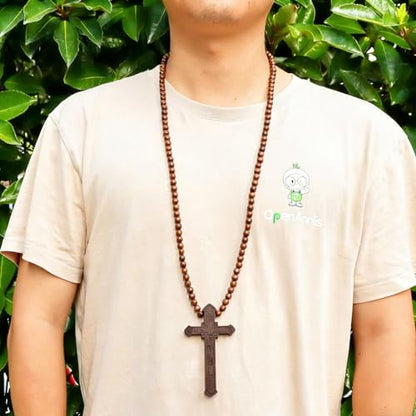 Wooden Cross Necklace For Men Beads Rosary Long Large Natural Wood Jesus Crucifix Cross Pendant Necklace 36inch Chain Religious Christian Prayer Faith Baptism Easter Handmade Jewelry - color: Brown