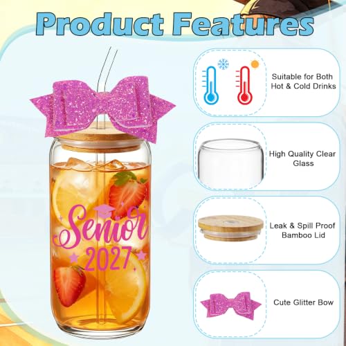 Class of 2027 Senior Gifts - Senior 2027 Pink Glass Tumbler with Glitter Bow, Graduation Gift for Girls Women Player College High School Daughter Friends Graduates - style: pink senior