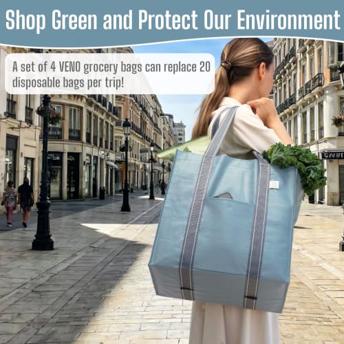 VENO 4 Pack Large Grocery Bag Reusable Shopping Bags with Hard Bottom - color: Light Blue