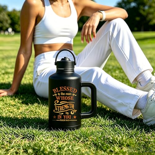Christian Art Gifts for Men Women 64 oz Water Bottle Insulated with Straw and Handle Jesus Gift Mug Double Wall Vacuum Travel Tumbler Coffee Mug Religious Gifts - Blessed Is The Man - Psalm 84:5 - color: Christian-1