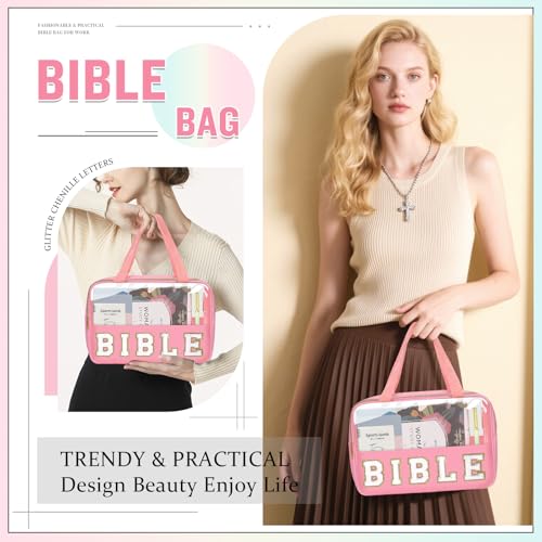 Chenille Letter Bible Bag Cover Case for Women,Preppy Bible Study Supplies Church Bag Purse Bible Accessories with Handle Zipper,Waterpoof Travel Makeup Bag Christmas Christian Gifts(BIBLE-Pink) - color: BIBLE-Pink
