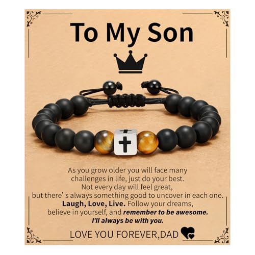 Cross Bracelet Beads Christian Bracelet for Boys Birthday Religion Gifts - style: To My Son from Dad