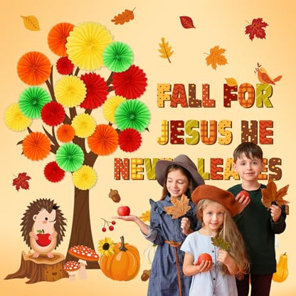 Gersoniel 81 Pcs Fall for Jesus He Never Leaves Bulletin Board Set Thanksgiving Tree Bulletin Board Decorations for Classroom 3D DIY Paper Fans Religious Cross Wall Decor Thanksgiving Hedgehog Cutouts - style: Fall