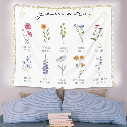 EGBTL Floral Christian Tapestry, Christian Wall Tapestry for Girls Room, Religious Inspirational You Are Bible Verses Tapestries Wall Hanging Decor for Home Church Prayer Room, 50x60 Inches