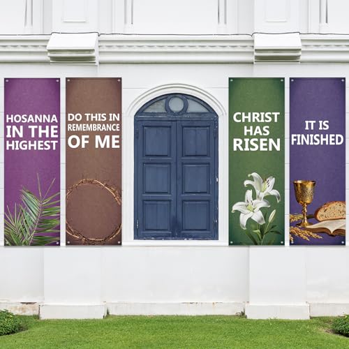 4Pcs Easter Church Banners for Sanctuary Wall Religious Banners Hanging Backdrop Praise Hanging Sign with Scripture Bible Verses Banner Easter Banner for Church School Decor(Simple Design) - style: Simple Design