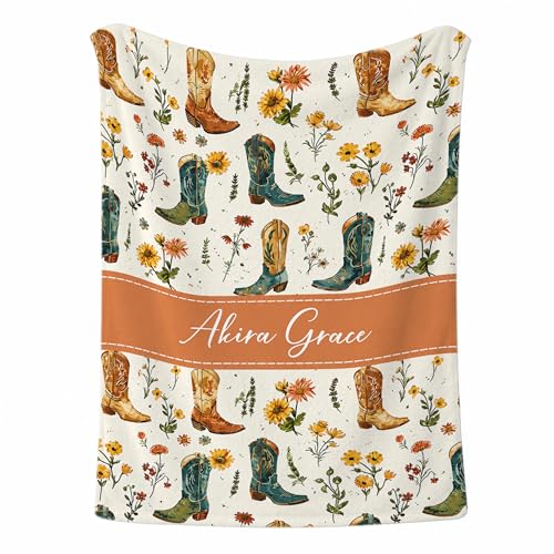 Personalized Cowgirl Boots Baby Girl Blanket, Floral Horse Boots Pattern Design, Custom Name Toddler Kids Throw, Rustic Nursery Decor, Baby Gift Idea - color: Cowgirl Boots Baby Girl Blanket