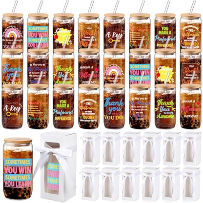 Ziliny 24 Set Thank You Gifts Bulk Employee Appreciation Gifts for Staff Christmas Coworker 16 oz Glass Cups with Lids and Straws with Gift Box Ribbon for Friends Nurse Teacher(Team) - style: Team