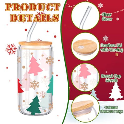 SiliFine 6 Pcs Christmas Glass Cups, 16 oz with Lids and Straws - style: Reindeer