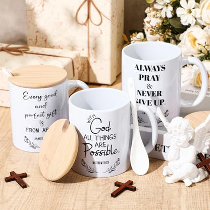 Didaey 12 Sets Christian Gifts Bulk Religious Coffee Mugs 12oz Bible Verses White Ceramic Cup with Lid Handle Spoon Inspirational Mug Church Gift for Men Coworker Employee Staff(Christian) - style: Christian
