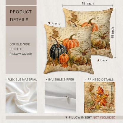 Farmhouse Fall Maple Leaf Pumpkin Throw Pillow Covers 18x18 Set of 2 - color: Pumpkin-7