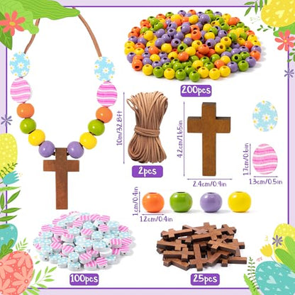 BeYumi Easter Cross Necklace Craft - 24Pcs Easter Christian Wooden Cross Eggs Beads Necklace Craft Kit for Kids DIY Gift Religious Jesus Eggs Decor Sunday School Classroom Church Party Fun Activities - style: Easter Egg