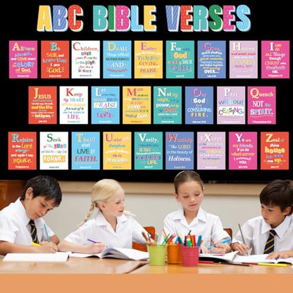 29Pcs ABC Bible Verse Poster Christian Scripture Bulletin Board Sunday School Classroom Decorations Religious Inspirational Quotes Poster for Back to School Church VBS Classroom Home Wall Decor