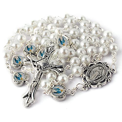 HanlinCC Catholic Miraculous Rosary Glass Pearl Beads Pray Card & Gift Bag - color: White
