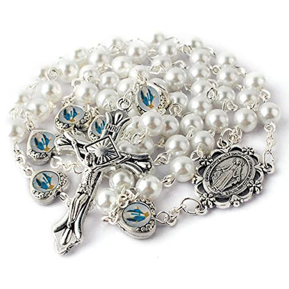 HanlinCC Catholic Miraculous Rosary Glass Pearl Beads Pray Card & Gift Bag - color: White