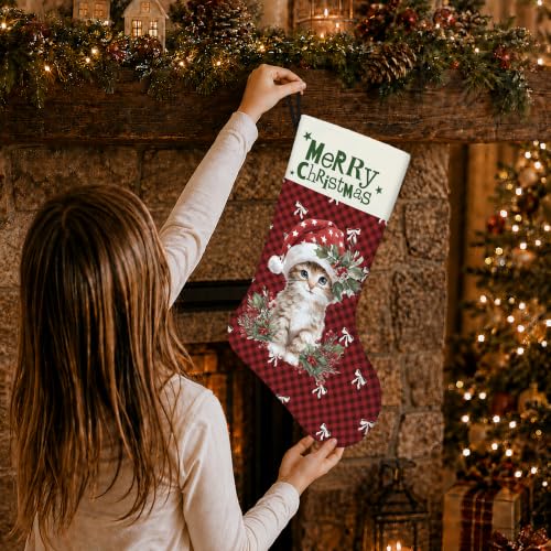 Tabby Cat Red Buffalo Plaid Christmas Stockings 16 Inch - color: Christmas11