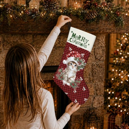 Tabby Cat Red Buffalo Plaid Christmas Stockings 16 Inch - color: Christmas11