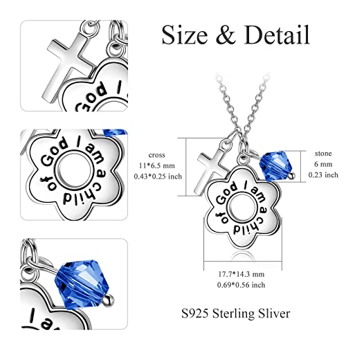 AOBOCO 925 Sterling Silver I Am a Child of God Daisy Necklace Jewelry Birthday Birthday Baptism Communion Gifts for Girls - color: Simulated Sapphire