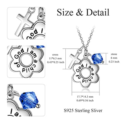 AOBOCO 925 Sterling Silver I Am a Child of God Daisy Necklace Jewelry Birthday Birthday Baptism Communion Gifts for Girls - color: Simulated Sapphire