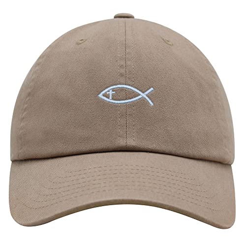 JPAK Jesus Fish Symbol Premium Dad Hat Embroidered Cotton Baseball Cap Symbol of Christianity - color: Khaki