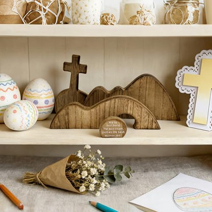 Wooden Empty Tomb Easter Christian Decoration, Religious Resurrection Scene - color: Brown-4 Pieces