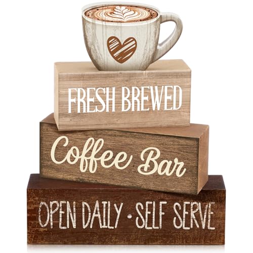 Moucuny 4 Pcs Farmhouse Coffee Bar Signs Decor Wooden Cafe Cup Signs - style: Coffee Bar Coffee Bar
