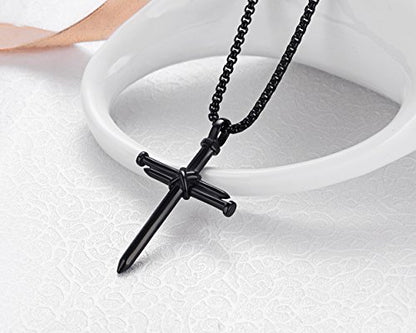 Men's Stainless Steel Nail Cross Pendant Necklace With 24 Inch Chain - color: Black