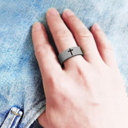 XAHH 2PCS Silicone Ring Set for Men Women,Classical Simple Christian Cross Religious Couple Rubber Wedding Bands - style: Grey Black