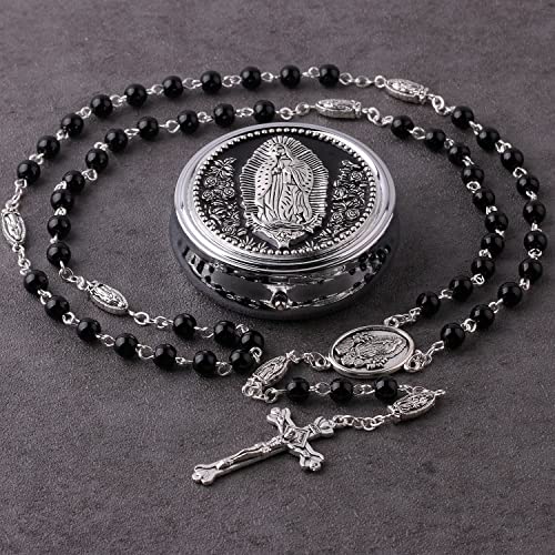 HanlinCC Guadalupe Catholic Rosary Glass Pearl Beads Necklace with Gift Box - color: Guadalupe Rosary Black