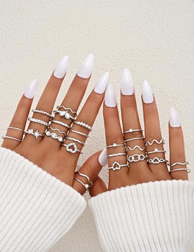 Gold Stackable Rings Set for Women, Gold Plated Chunky Crystal Finger Rings - color: Silver Thin Rings