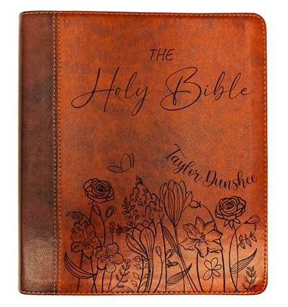 Personalized ESV Journaling Study Bible | Custom Engraved Name | Wide Margin Bible for Notes | Christian Gift for Men & Women (Flowers Personalized) - color: Leather