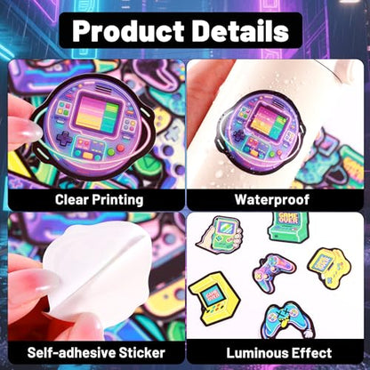 50Pcs Neon Game Water Bottle Stickers for Kids, Neon Video Gaming Sticker for Water Bottle, Vinyl Waterproof Laptop Decals for Gamers Teens Adults Sticker Pack - color: Non-luminescent-488kscp