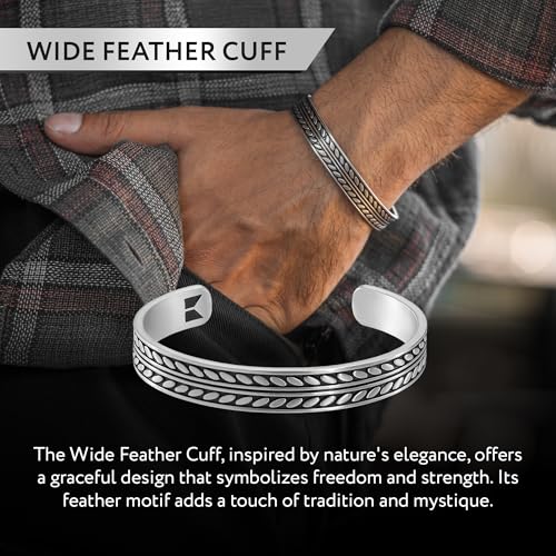 Cuff Bracelet for Men Premium Stainless Steel Mens Bangle Bracelets Silver Cuff Bracelet Waterproof & Non-Tarnish Minimal Western Bracelet - color: Native Feather, size: Medium