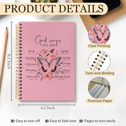 huester Inspirational Christian Butterfly Notebook Journal, God Says You Are Bible Scripture Pink Journal Notebooks for Note Taking, Bible Journaling Hardcover Paper Spiral Notebook, 5.5x8.3 Inch - color: pink