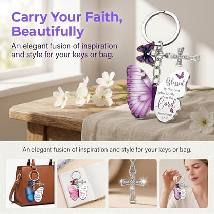 3 Pack Christian Butterfly Cross Keychains, Women Bible Verse Keychains, Inspirational Religious Gifts (Purple, Blue, Pink)
