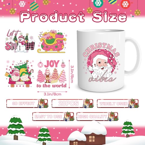 Rngmsi Christmas UV DTF Cup Wrap - 20 Sheets Pink Merry Christmas UV DTF Cup Wraps for 16 oz Snowmen Gnome Santa Claus Uvdtf Decals Personalized Waterproof Rub on Transfer Stickers for Glass Cups - style: Pink Merry Christmas