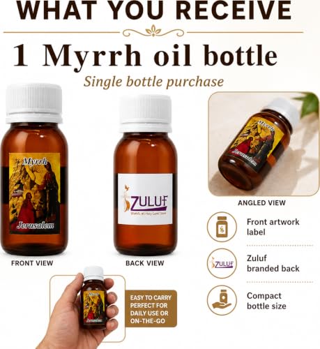 Zuluf Myrrh Anointing Oil from the Holy Land Jerusalem Pure Olive Base Blessed Christian Prayer Oil from Bethlehem for Baptism Christening Godparent Faith Gift Frankincense Companion 1.7 Fl Oz