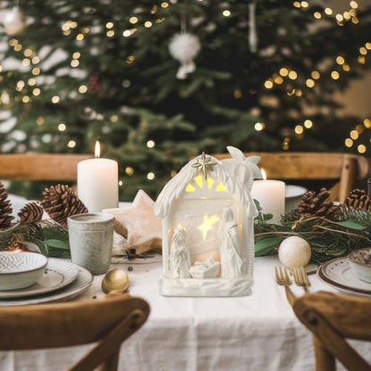 Cindeer Nativity Set for Christmas Indoor,Ceramic Nativity Scene with Light, Porcelain Statue Sculpted Hand Painted Figurine, Holy Family Manger Scene Tabletop Decor Gift (Elegant) - style: Elegant