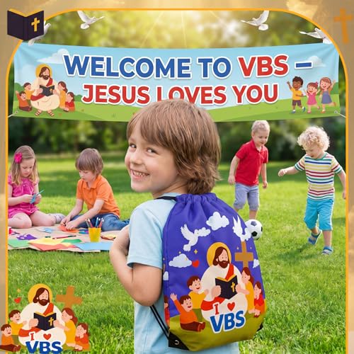 24 Pack I Love VBS Drawstring Bags Bulk Christian Theme Cinch Sack Backpack with Jesus Print Gift Bag for Church Events Vacation Bible School Gifts and Party Favor for Teacher School VBS