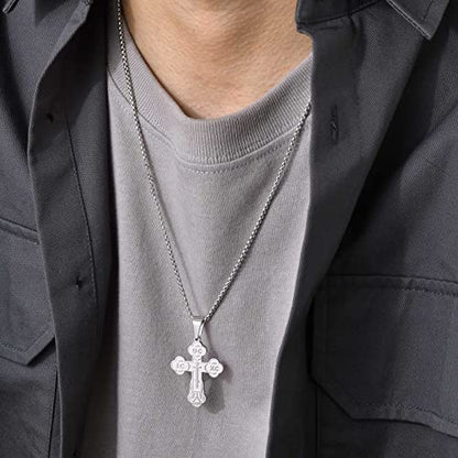 Men's Orthodox Cross Pendant Necklace - Trendy Religious Cross Chain,Hypoallergenic Waterproof Stainless Steel Christian Long Necklaces,Non Tarnish Byzantine Cross Symbol Pendants Necklace for Him - color: Silver-new