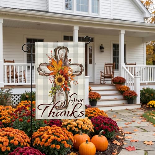 CROWNED BEAUTY Give Thanks Fall Garden Flag 12 x 18 Inch Double Sided Christian Cross Sunflower Thanksgiving Outdoor Yard Decor for Porch Patio Lawn