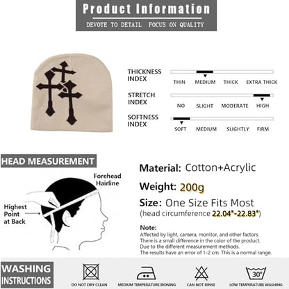 Fashion Knit Beanie with Cross Pattern Y2K Unisex Soft Jacquard Cap Popular Hip-Hop Cool Street Outdoor Sports Earflap Hat - color: Khaki