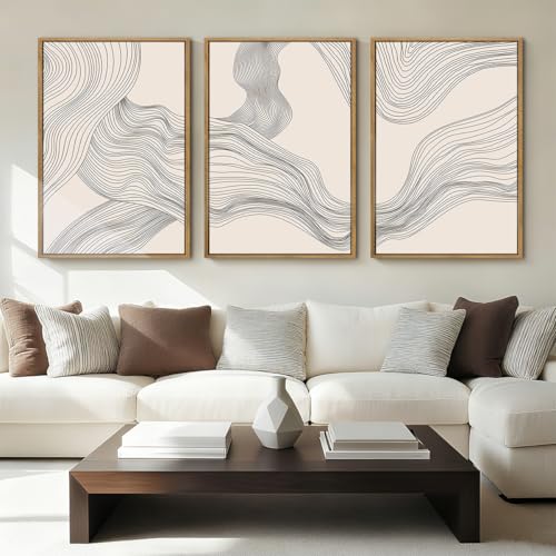 Large Beige Abstract Wall Art Framed Neutral Modern Canvas Wall Decor Minimalist Line Wave Painting 24x36 Inch Pictures Set of 3 for Living Room Bedroom Dining Room - color: Beige Line, size: 36"L x 24"W