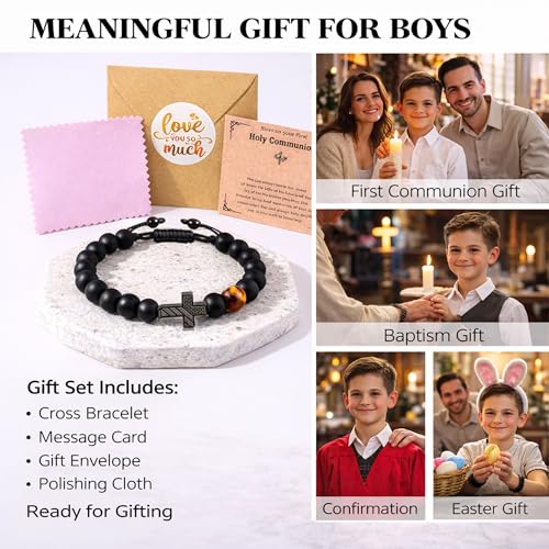 Christian Cross Bracelet Gift for Men Boys Adjustable Beaded Cross Bracelet Religious Jewelry with Message Card for Communion Baptism Confirmation Easter - style: American Flag Easter