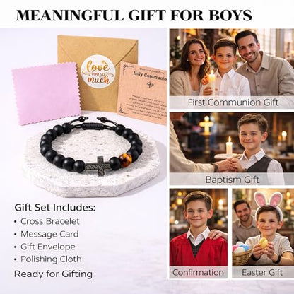 Christian Cross Bracelet Gift for Men Boys Adjustable Beaded Cross Bracelet Religious Jewelry with Message Card for Communion Baptism Confirmation Easter - style: American Flag Easter
